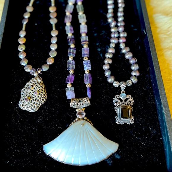 Jewelry - Set of 3 Artisan Necklaces-Mother of Pearl Fan Pendant SterlingSilver & Amethyst